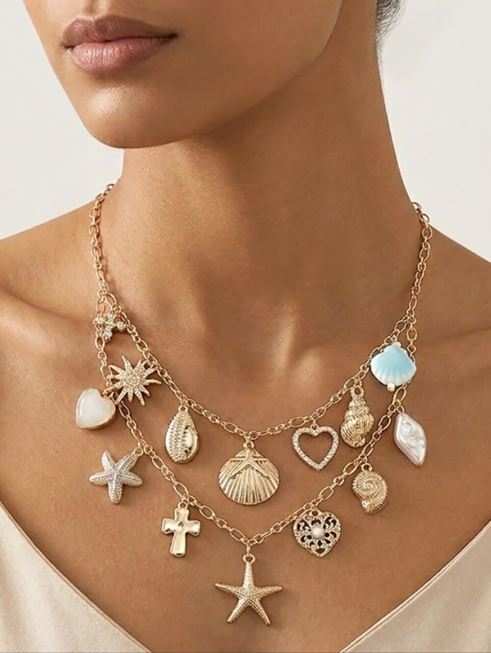 Starfish Shell Pearl Heart Cross Charm Layered Statement Necklace